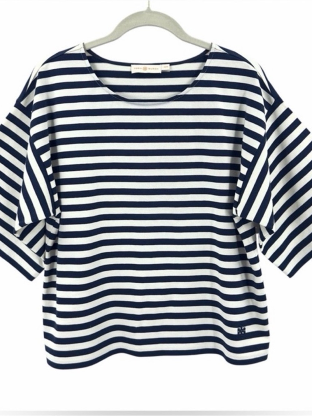 TORY BURCH Navy and White Striped Top with Logo. NWOT